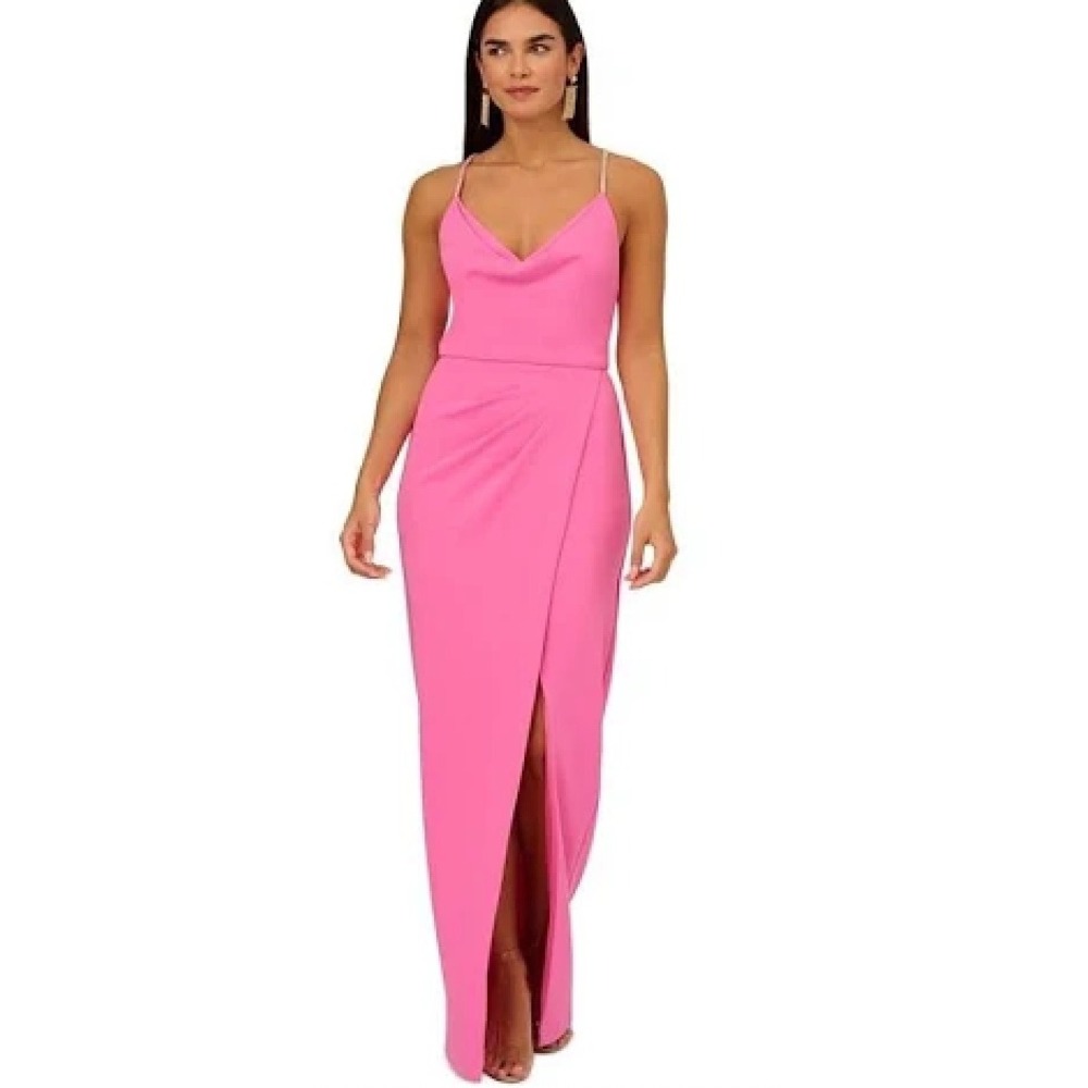 Adrianna Papell Hot Pink Evening Dress with‎ Rhinestone Straps Cowl Formal Gown